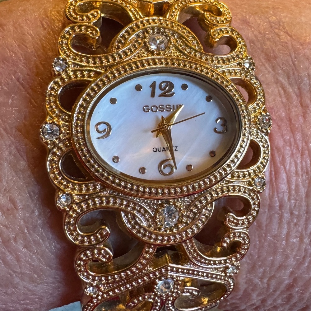 Vtg Gossip Filigree Cuff Bracelet Watch Mother of Pearl Face Rhinestones Works